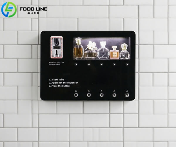 automatic perfume vending machine hanging on white tiles