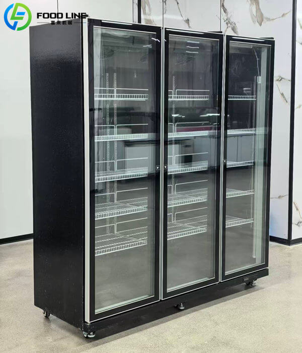 three door glass fridge