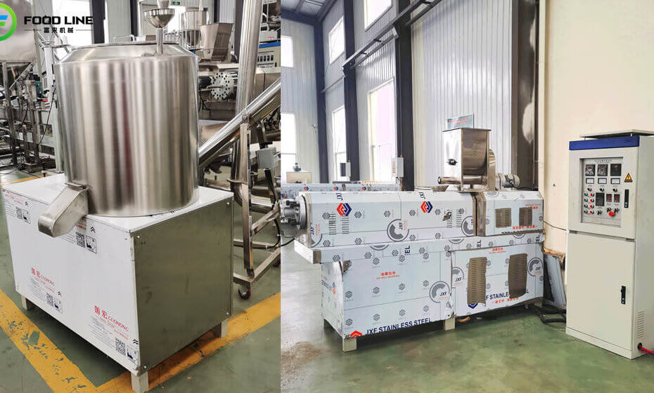 mixer and twin screw extruder in the pet food production line