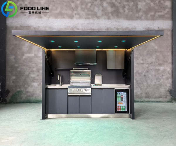 outdoor cooking kitchen with embossed metal panel