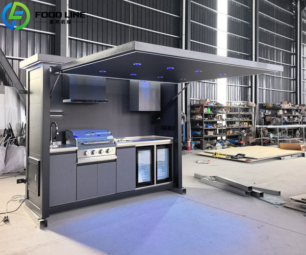 outdoor cooking station with embossed metal panel exterior