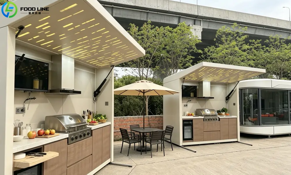 outdoor food service kitchen with grill and storage cabinets
