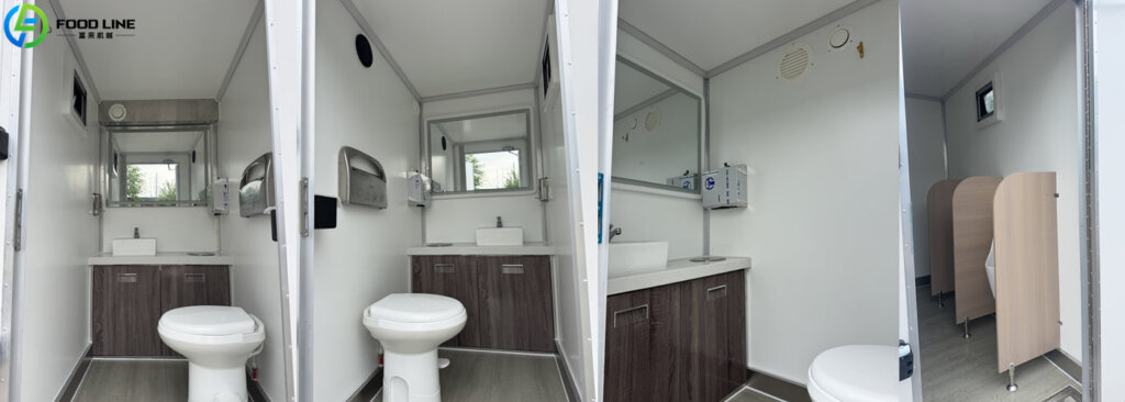 4 stalls in portable bathroom trailer